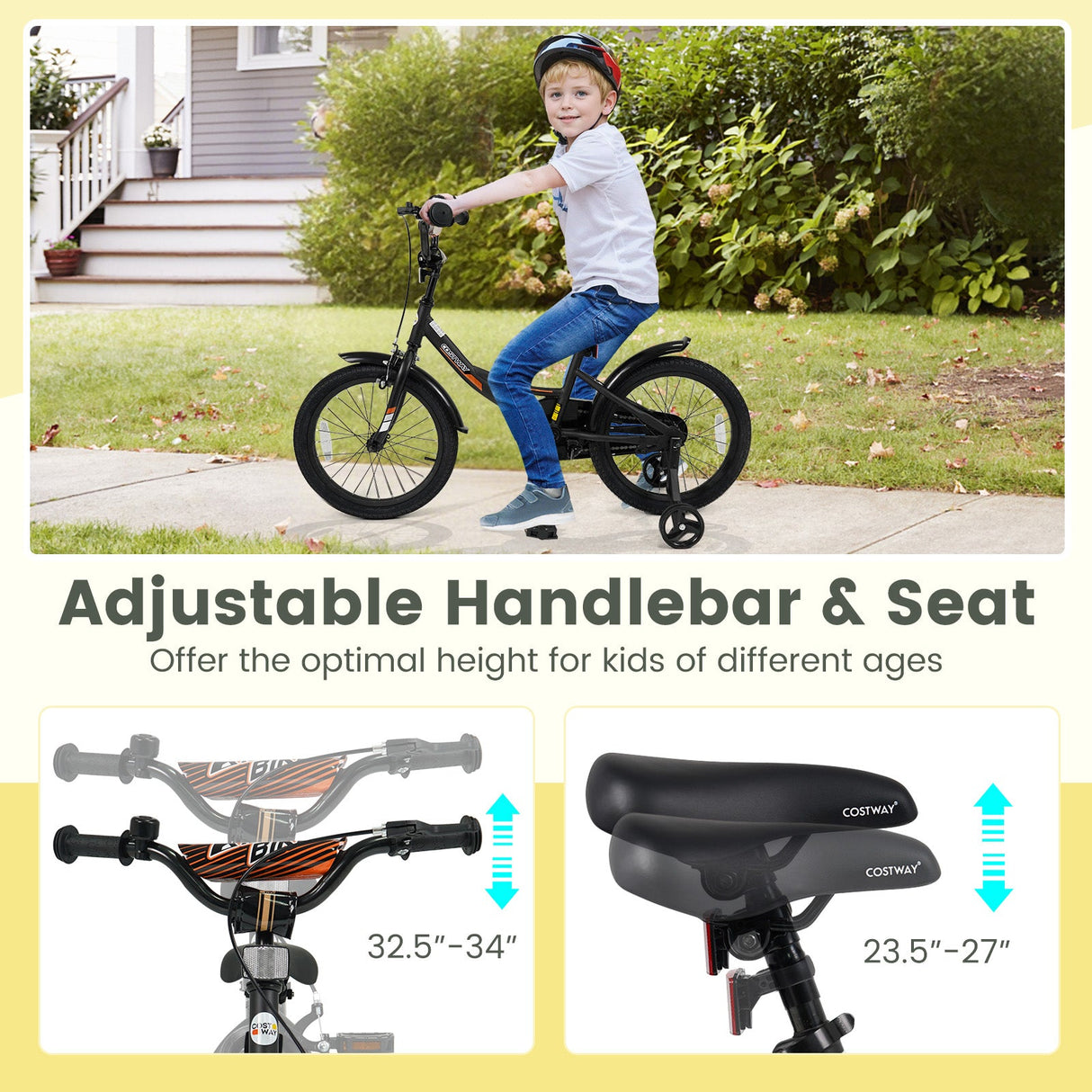 Bicicleta infantil de 12/14/16/18 pulgadas con ruedas de entrenamiento extraíbles y asiento ajustable para niños de 3 a 8 años, color negro