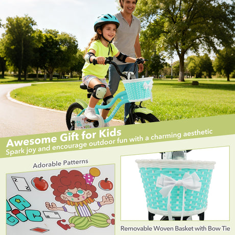 Bicicleta infantil de 12/14/16 pulgadas con ruedas de entrenamiento y cesta color verde