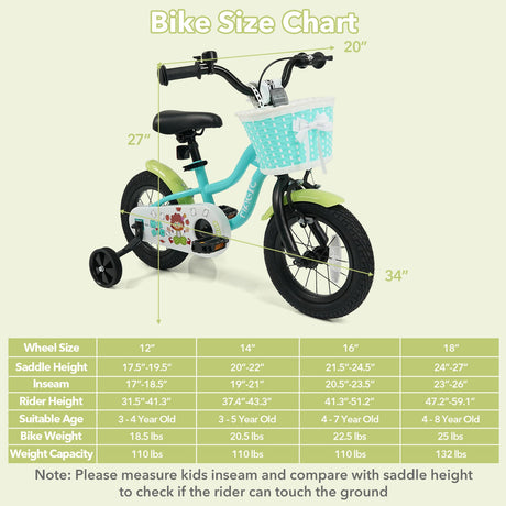 Bicicleta infantil de 12/14/16 pulgadas con ruedas de entrenamiento y cesta color verde