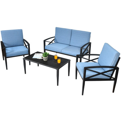 Juego de muebles de patio de 4 piezas con estructura de aluminio y sofá acolchado
