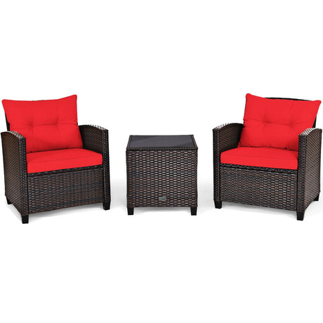 Juego de muebles de patio de ratán de 3 piezas, juego de conversación acolchado, mesa de centro - Beige