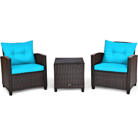 Juego de muebles de patio de ratán de 3 piezas, juego de conversación acolchado, mesa de centro - Beige