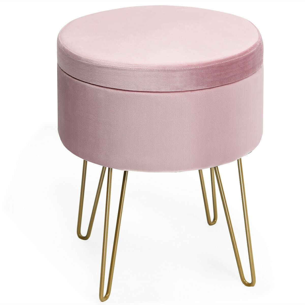 Taburete otomano redondo de terciopelo con almacenamiento, reposapiés, silla de tocador con patas de metal