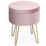 Taburete otomano redondo de terciopelo con almacenamiento, reposapiés, silla de tocador con patas de metal