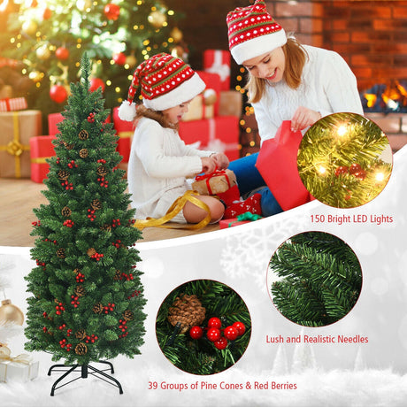 Árbol de Navidad estrecho preiluminado de 4.5 pies con bisagras, piñas, bayas rojas y 150 luces