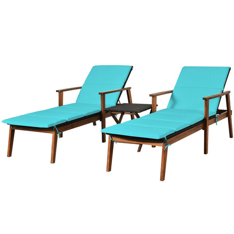 Juego de 3 Sillones Reclinables Portátiles de Ratán Acolchados para Patio con Mesa Plegable