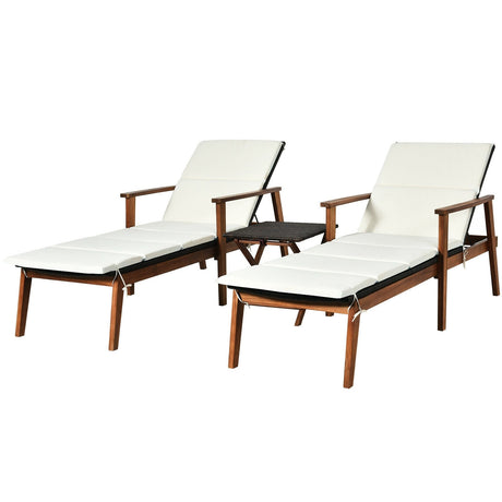 Juego de 3 Sillones Reclinables Portátiles de Ratán Acolchados para Patio con Mesa Plegable