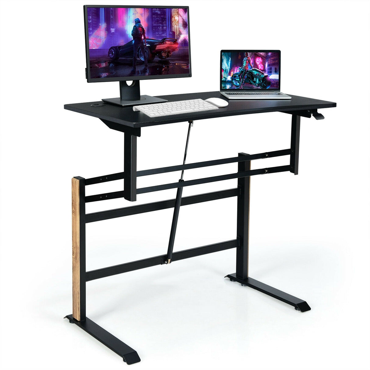 Escritorio de juegos neumático de altura ajustable en forma de T con bandeja para regleta - Negro