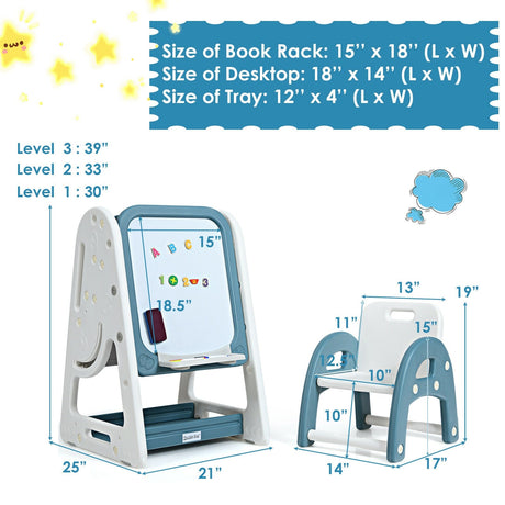 Juego de silla y caballete 2 en 1 para niños con estante para libros y tablero de arte ajustable
