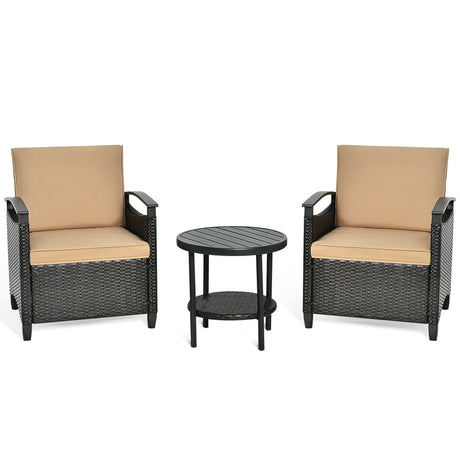 Juego de muebles de ratán para patio de 3 piezas, sofá acolchado, mesa de almacenamiento con estante para jardín