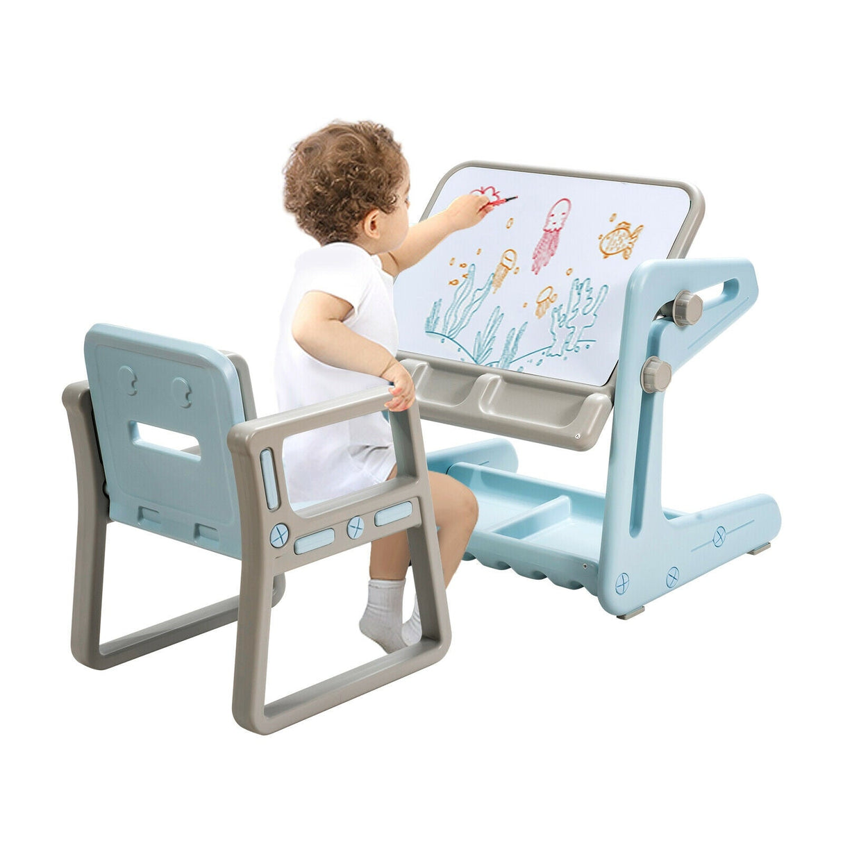 Set de mesa y silla para niños 2 en 1 con caballete y tablero de pintura artística ajustable