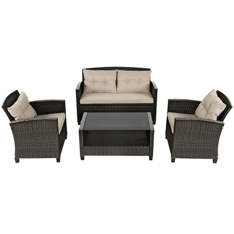 Juego de muebles de ratán para exterior de 4 piezas con mesa de cristal