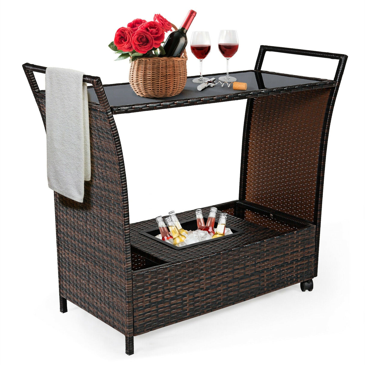 Carrito de bar de ratán para patio con superficie de cristal y asa