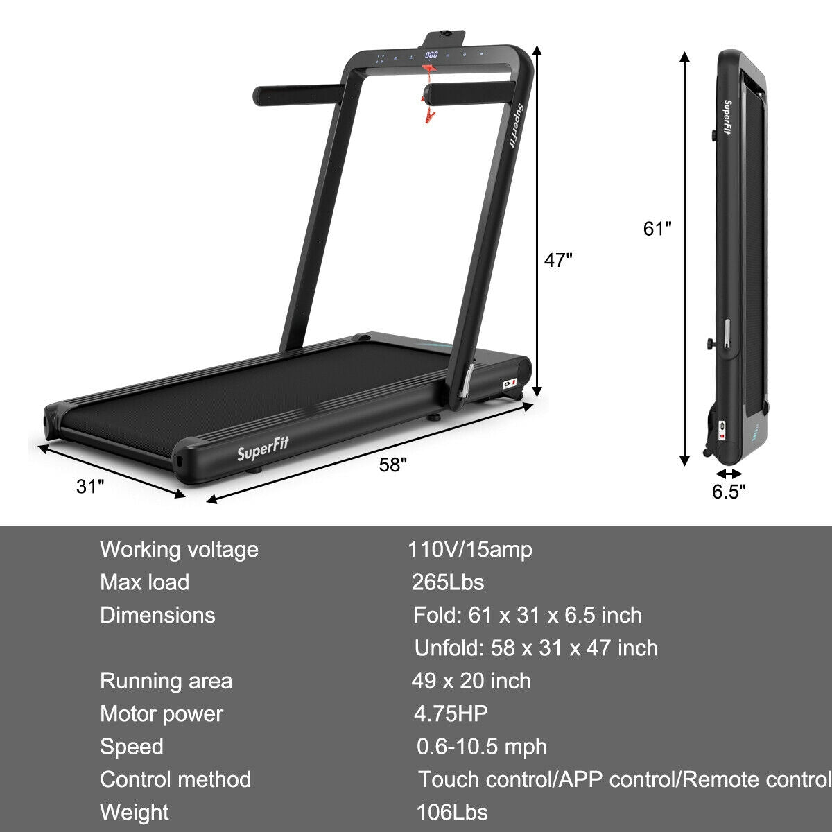 Cinta de correr plegable 2 en 1 de 4.75 HP con control remoto por aplicación