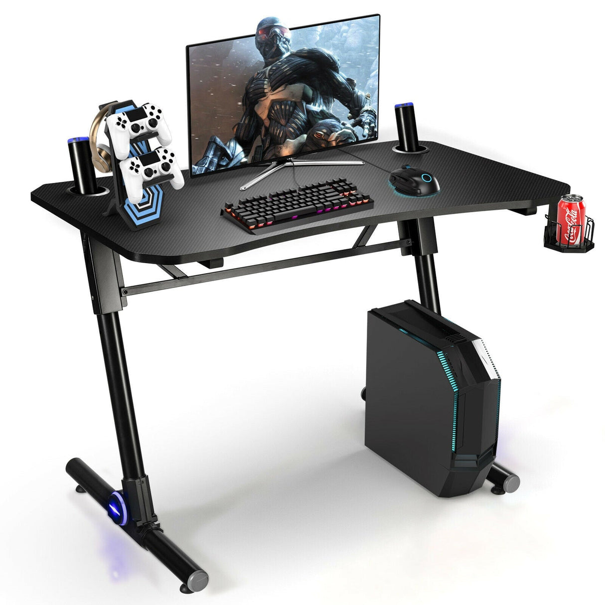 Escritorio de juegos de 43.5 pulgadas de alto, ajustable, con luces LED azules