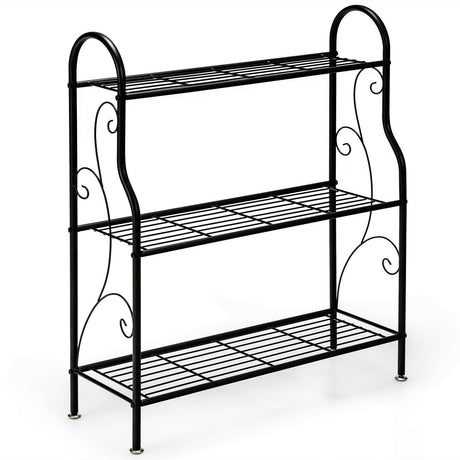 Soporte metálico de 3 niveles con diseño de volutas para plantas - Negro