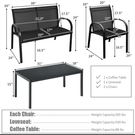 Juego de Muebles de Patio de 4 Piezas con Mesa de Centro con Cubierta de Vidrio