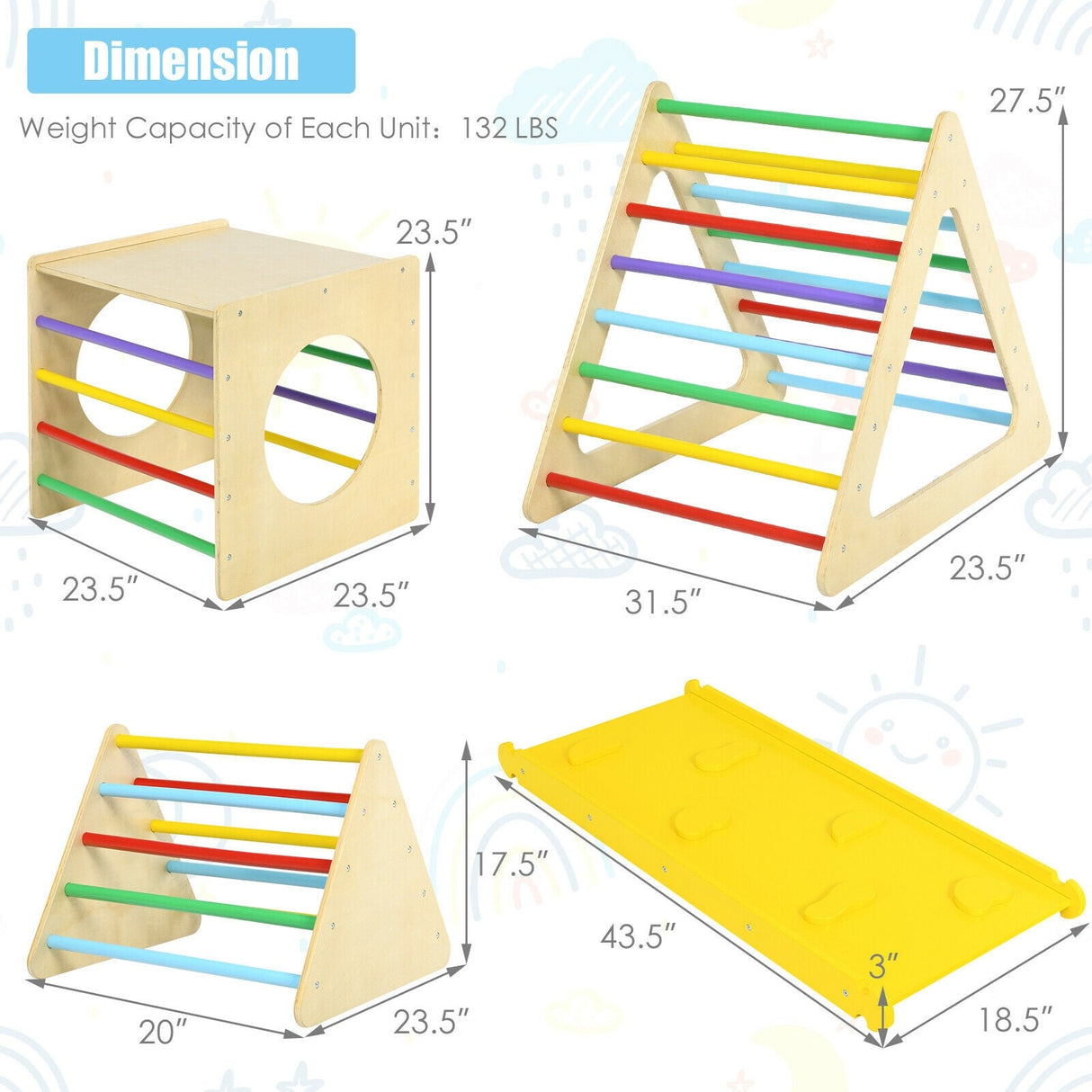 Set de gimnasio de juegos de escalada triangular 5 en 1 para niños con 2 rampas