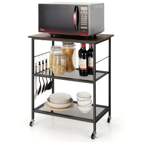 Carrito de servicio de cocina de 3 niveles con ruedas, estante utilitario para microondas con ganchos
