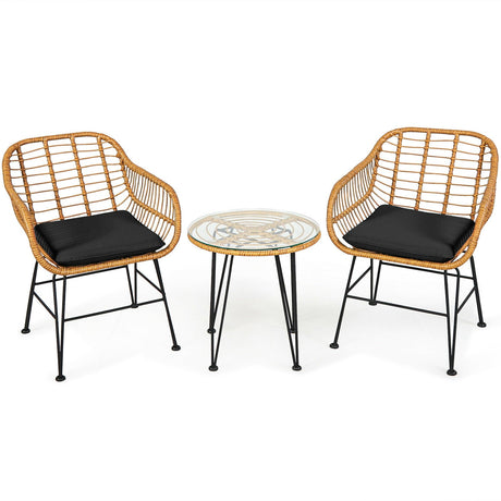 Juego de 3 Muebles de Ratán con Mesa y Sillas Acolchadas