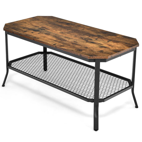Mesa de centro industrial de 2 niveles con estante de almacenamiento de malla abierta para sala de estar - Marrón rústico