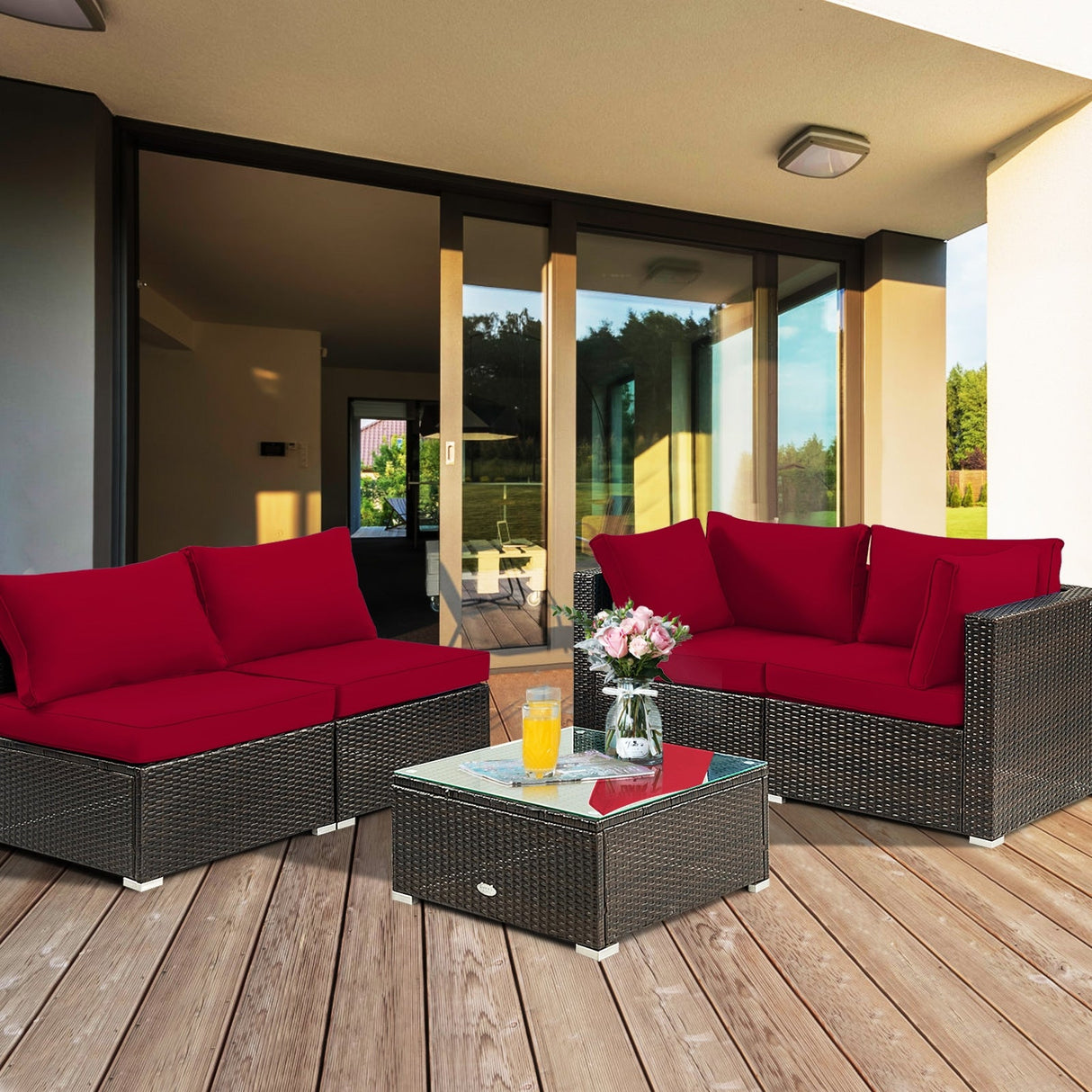 Juego de muebles de patio de ratán acolchados de 5 piezas con mesa de cristal