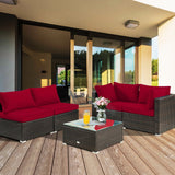 Juego de muebles de patio de ratán acolchados de 5 piezas con mesa de cristal
