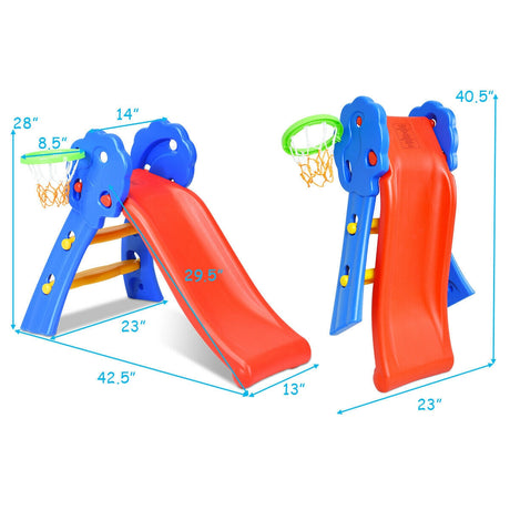 Tobogán plegable de plástico para niños de 2 escalones con aro de baloncesto