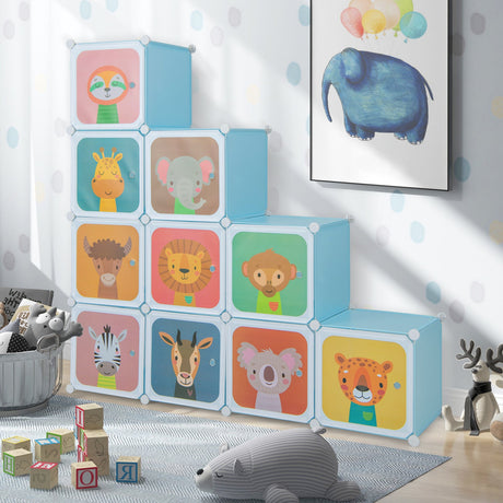 Armario de 12 cubos para niños con sección para colgar y puertas