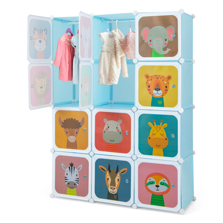 Armario de 12 cubos para niños con sección para colgar y puertas
