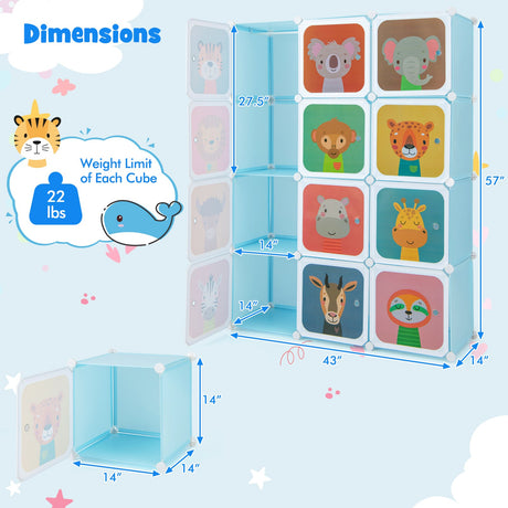 Armario de 12 cubos para niños con sección para colgar y puertas