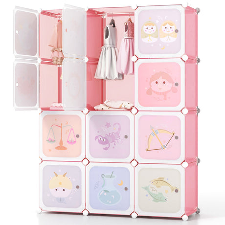 Armario de 12 cubos para niños con sección para colgar y puertas