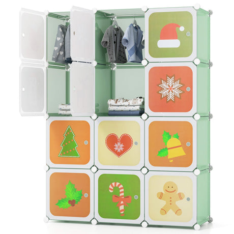Armario de 12 cubos para niños con sección para colgar y puertas