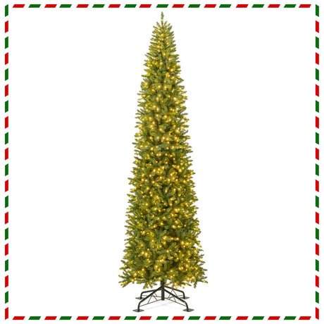 Árbol de Navidad Artificial Preiluminado de 12 Pies de Alto, Delgado, Tipo Lápiz, con Luces, para Interiores y Exteriores