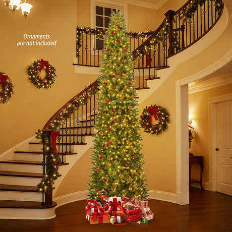 Árbol de Navidad Artificial Preiluminado de 12 Pies de Alto, Delgado, Tipo Lápiz, con Luces, para Interiores y Exteriores