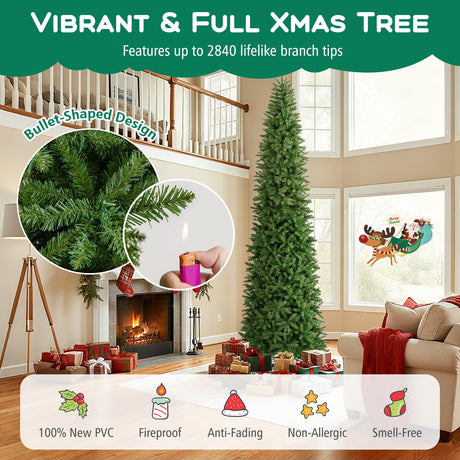 Árbol de Navidad Artificial Preiluminado de 12 Pies de Alto, Delgado, Tipo Lápiz, con Luces, para Interiores y Exteriores