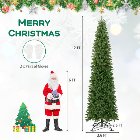 Árbol de Navidad Artificial Preiluminado de 12 Pies de Alto, Delgado, Tipo Lápiz, con Luces, para Interiores y Exteriores
