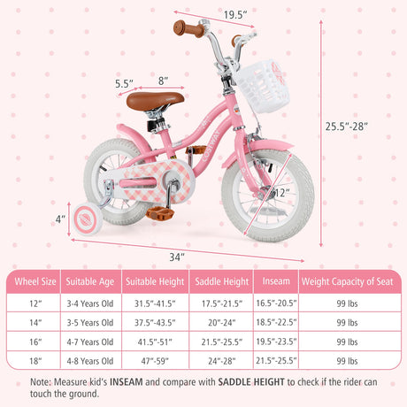 Bicicleta de 14 pulgadas para niños con ruedines y cesta para niños y niñas de 3 a 5 años - 14 pulgadas