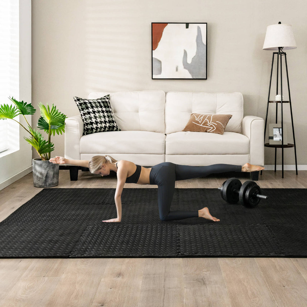 Alfombra de piso entrelazada de 12 piezas con superficie antideslizante e impermeable - Negro