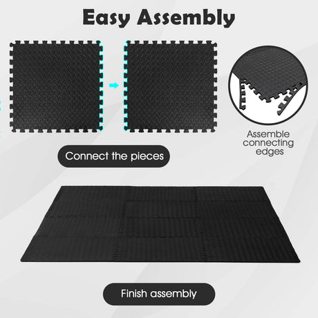 Alfombra de piso entrelazada de 12 piezas con superficie antideslizante e impermeable - Negro