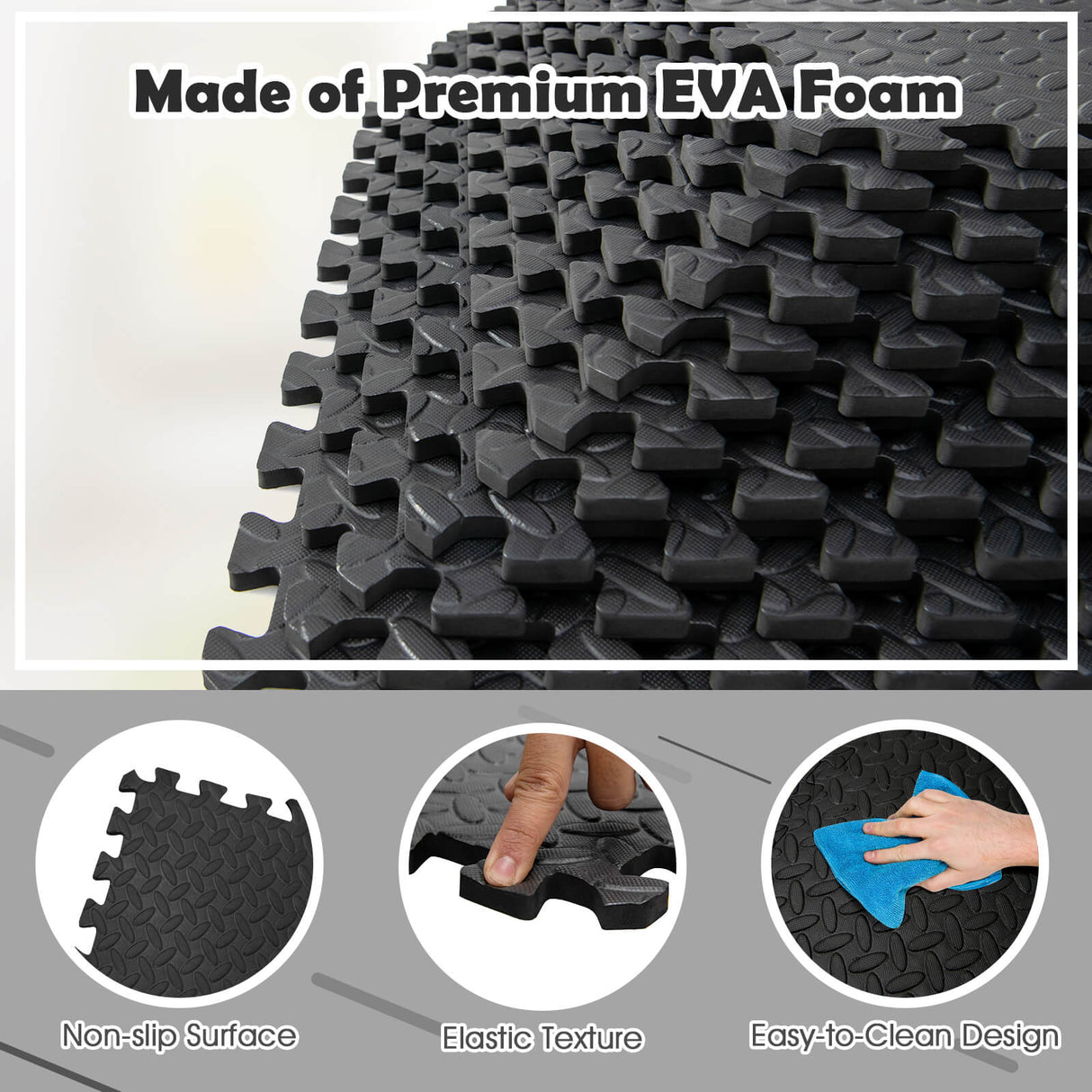 Alfombra de piso entrelazada de 12 piezas con superficie antideslizante e impermeable - Negro