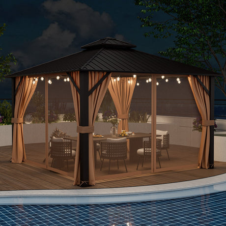 Cenador para patio con techo rígido de doble techo de 3,6 x 3,6 metros, con techo de acero galvanizado, mosquitera y cortinas - Café
