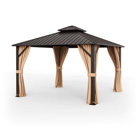Cenador para patio con techo rígido de doble techo de 3,6 x 3,6 metros, con techo de acero galvanizado, mosquitera y cortinas - Café