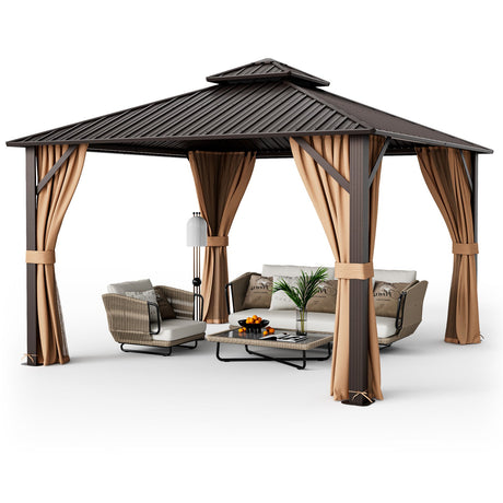 Cenador para patio con techo rígido de doble techo de 3,6 x 3,6 metros, con techo de acero galvanizado, mosquitera y cortinas - Café
