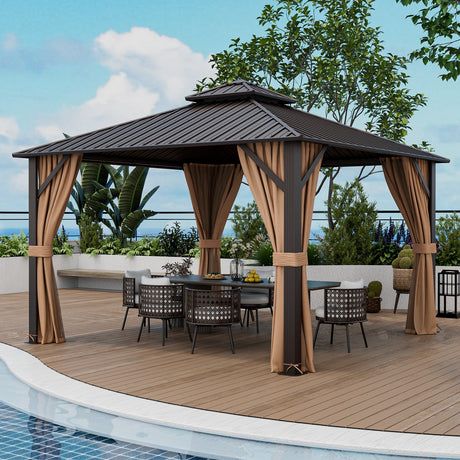 Cenador para patio con techo rígido de doble techo de 3,6 x 3,6 metros, con techo de acero galvanizado, mosquitera y cortinas - Café
