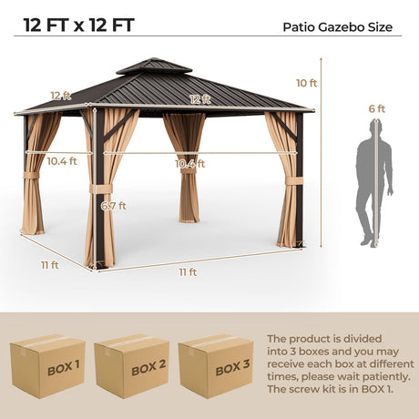 Cenador para patio con techo rígido de doble techo de 3,6 x 3,6 metros, con techo de acero galvanizado, mosquitera y cortinas - Café