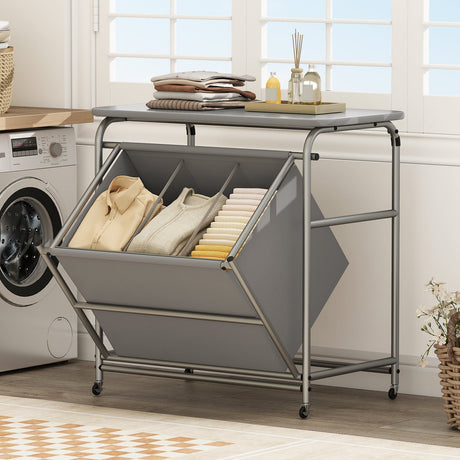 Clasificador de ropa de 3 secciones con tabla de planchar plegable y ruedas con bloqueo - Gris