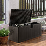Caja de almacenamiento para patio de 130 galones, resistente a la intemperie, con tapa con cerradura - Marrón