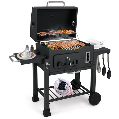 Parrilla de carbón tipo barril de 24 pulgadas con 2 mesas laterales plegables y 3509 cm² de área de cocción