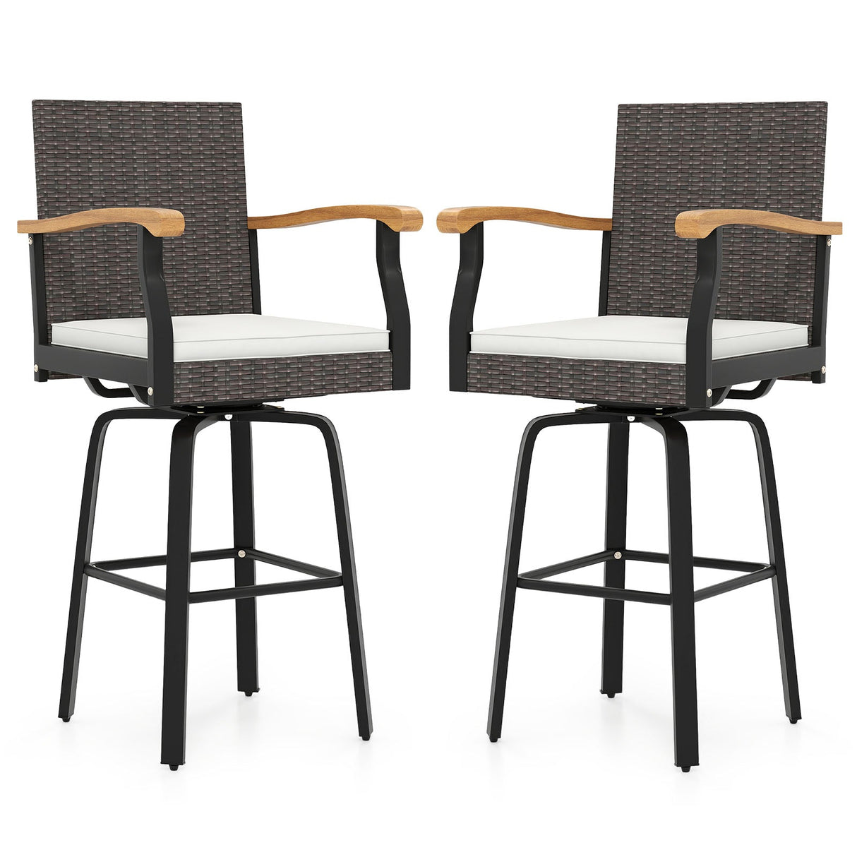 Set of 2 Outdoor 360¬∞ Swivel Bar Stool with Cushion and Acacia Wood Armrests